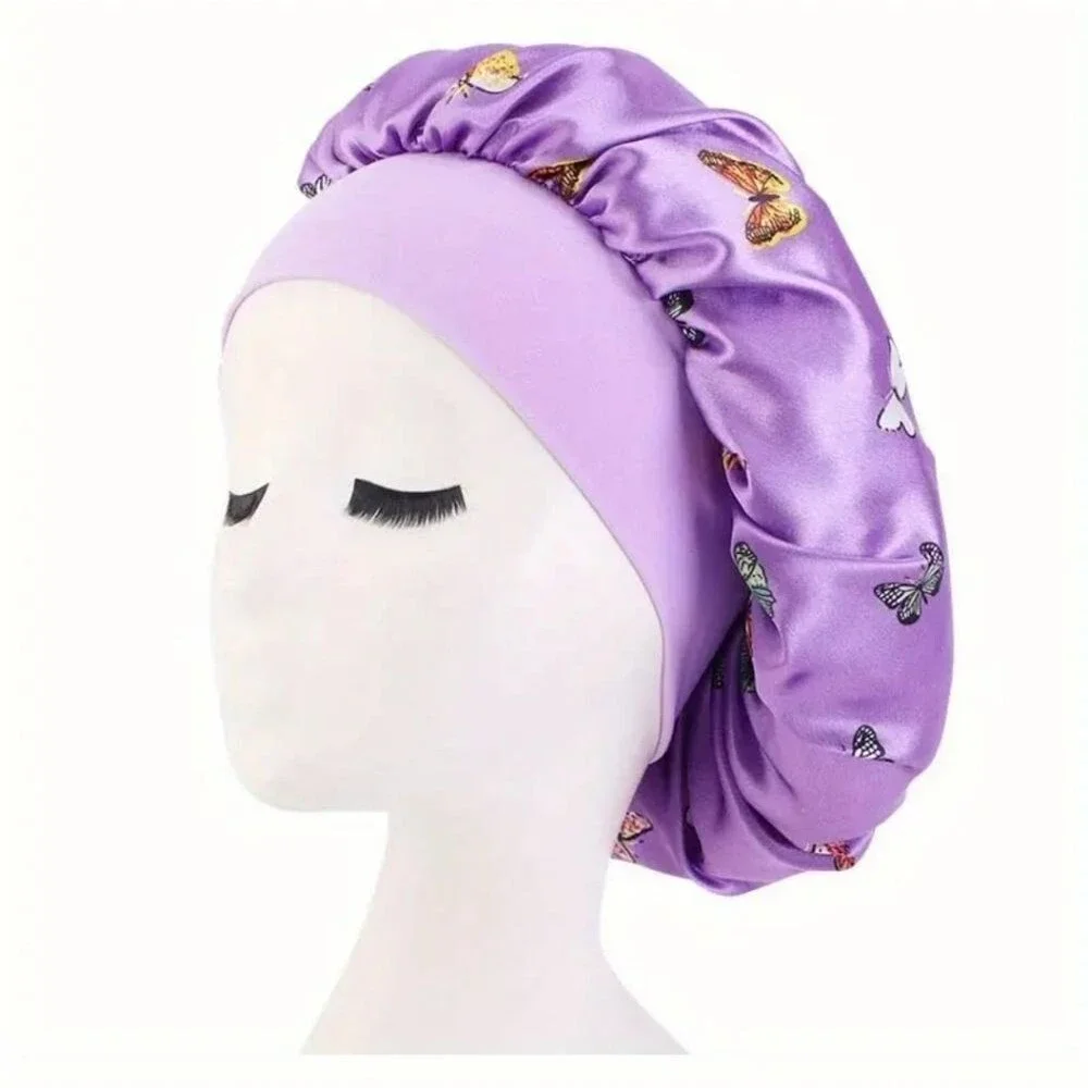 Butterfly Purple Satin Hair Bonnet wide band hair cap sleep hair protector